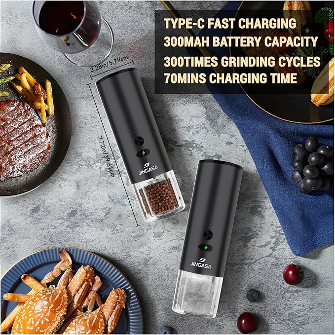 [Upgraded Larger Capacity]Electric Salt and Pepper Grinder Set, USB Rechargeable Automatic Salt and Pepper Shakers Set with Visual Power Reminder, 4oz Large Capacity with Adjustable Coarseness（Black）
