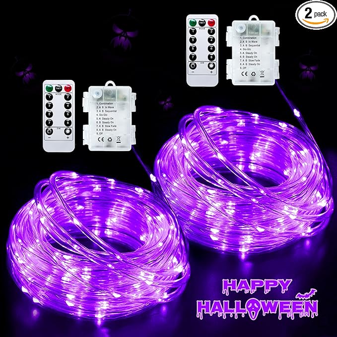 JMEXSUSS 2 Pack Purple Lights Battery Operated Halloween Lights Outdoor Waterproof, Each 33 ft 100 LED Battery Powered Rope Lights, Purple String Light with Remote for Balcony Garden Halloween Decor