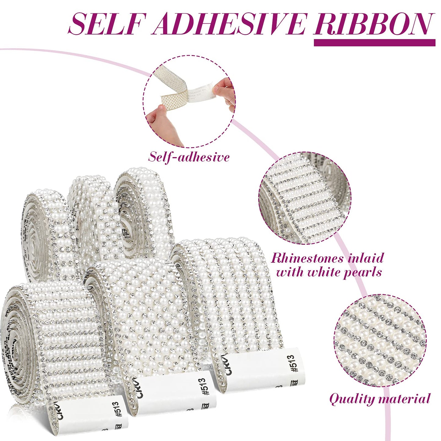 WILLBOND Pearl Rhinestone Strips 6 Rolls 5. 28 Yards Pearl Diamond Ribbon Rhinestones White Self Adhesive Faux Crystal Stickers for Wedding Birthday Party Art Crafts Car Phone Shoes Decors(Silver)
