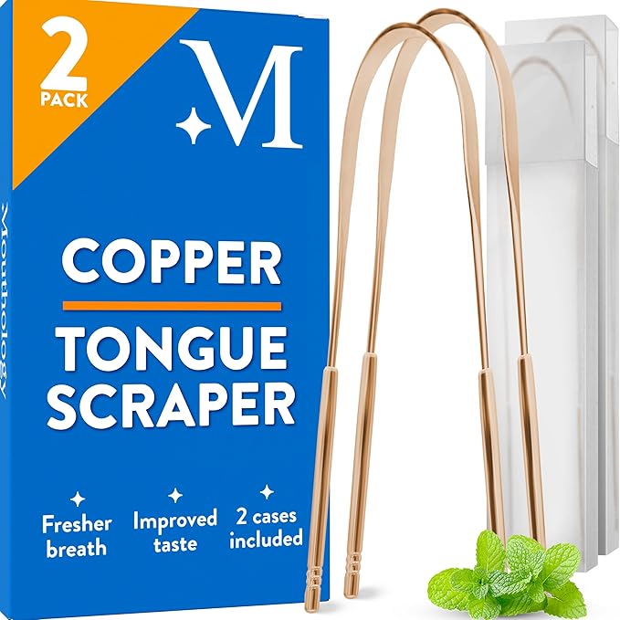 Mouthology Copper Tongue Scraper for Adults (2 Pack), Reduce Bad Breath, Metal Tongue Scraper, Tongue Cleaner, Tongue Scraper, Tongue Scrubber, Tongue Cleaner for Adults, Tongue Scraper Reusable