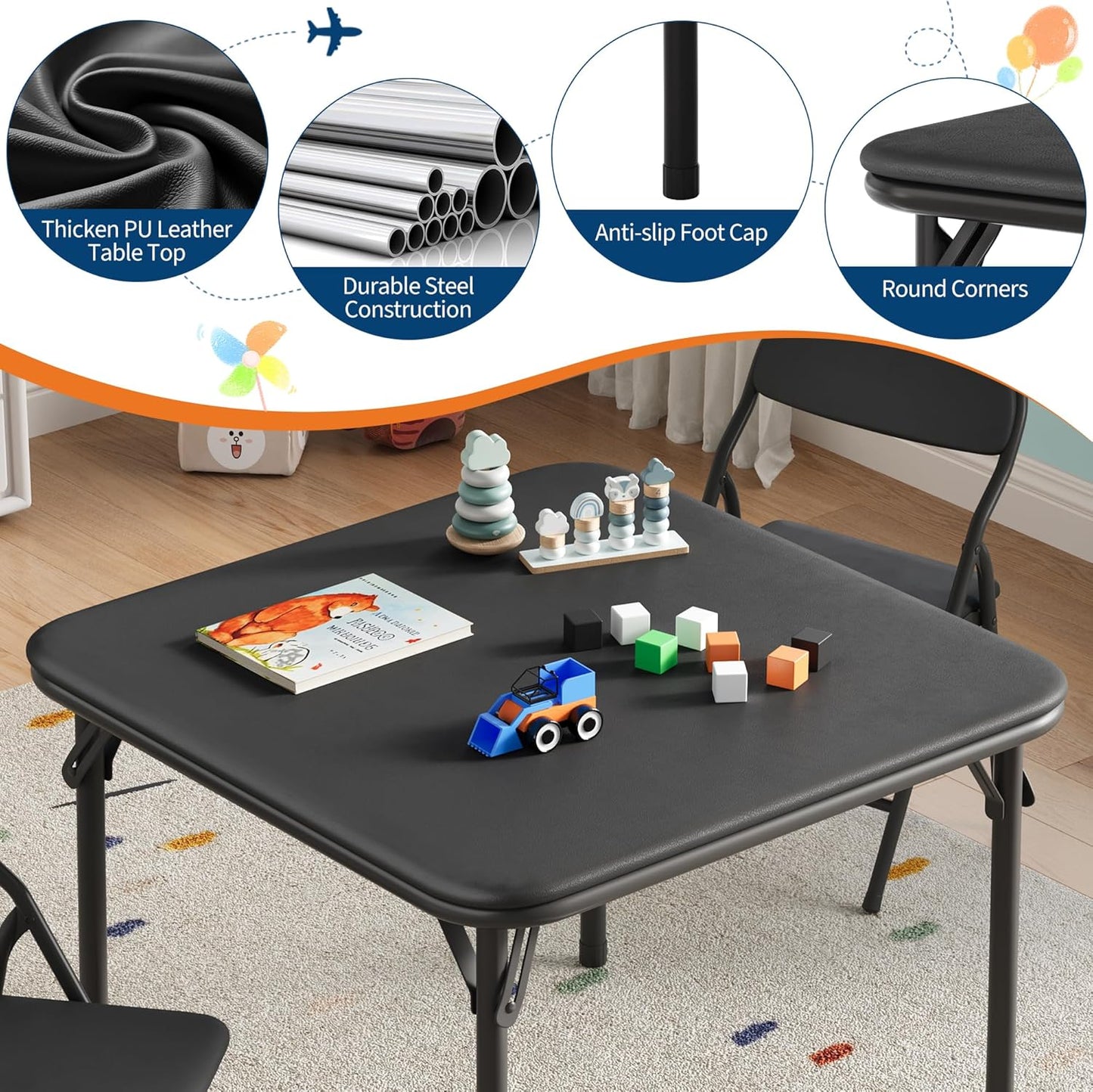 IDEALHOUSE 3 Piece Folding Kids Table and Chairs Set, Children Activity Table and Chairs Set for Dining Room,Daycare,Classrooms
