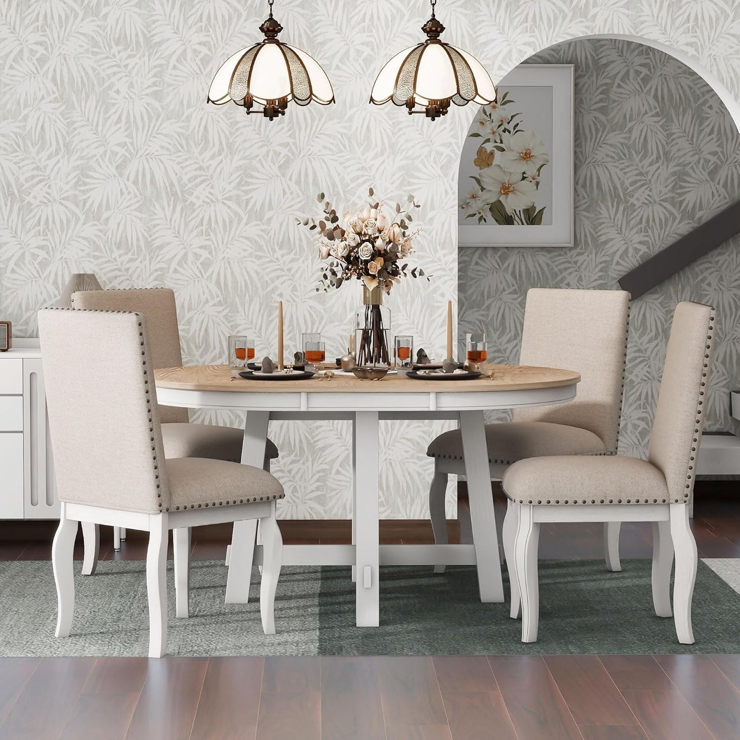 5 Pieces Dining Table Set with 43" Round Extendable Desk,Living Room Furniture W/ 4 Upholstered Curved Legs Chairs,for Restaurant,Home Bistro,Oak Natural Wood+Antique White