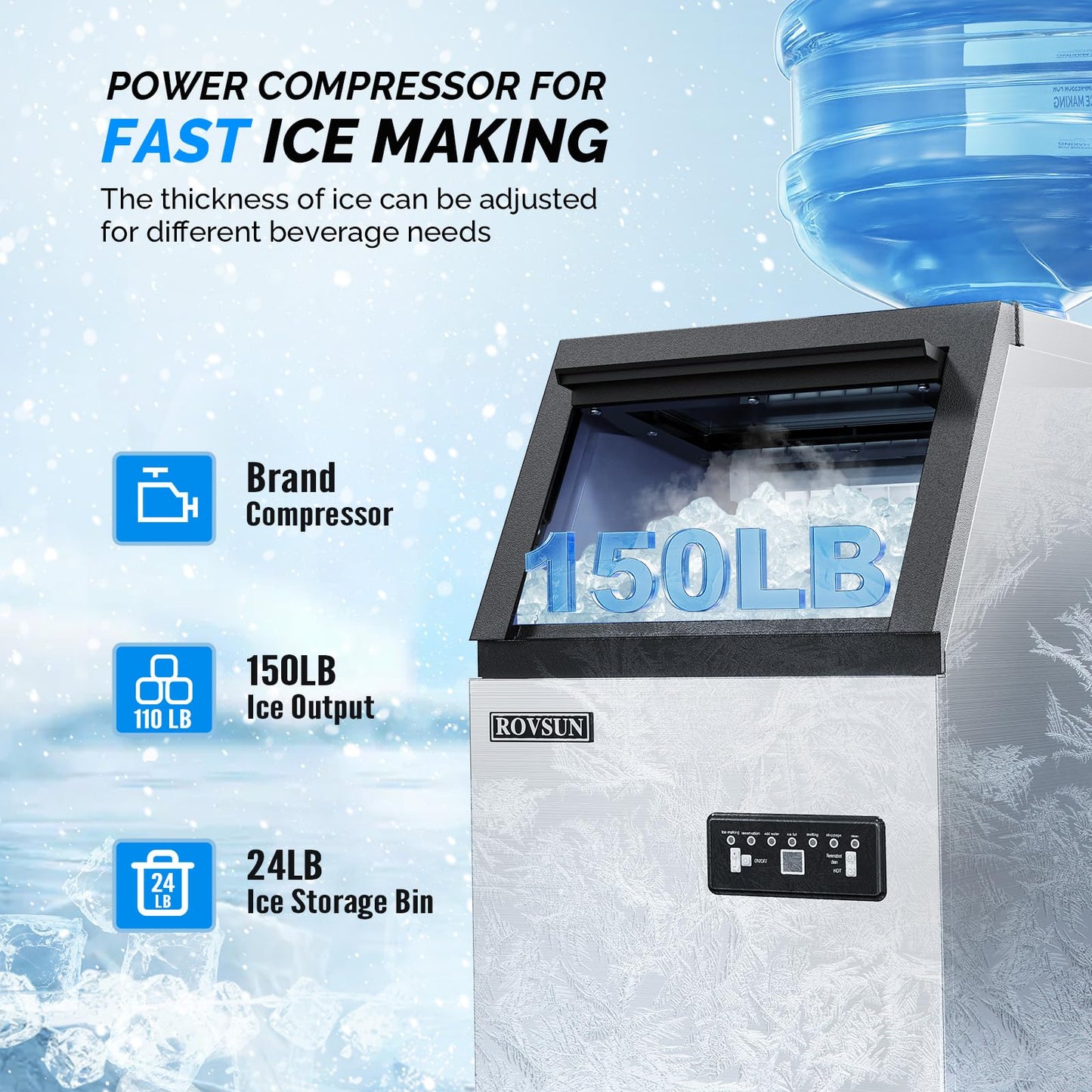 Rovsun 150Lbs/24H Commercial Ice Maker Machine With 2 Water Inlets, Undetcounter Ice Machine With 24Lbs Storage Bin, Ice Scoop &
