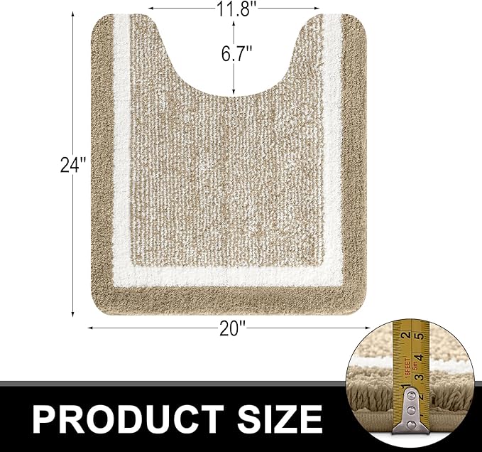 OLANLY Toilet Rugs U-Shaped 24x20, Extra Soft and Absorbent Microfiber Bathroom Rugs, Non-Slip, Machine Wash Dry, Plush Shaggy Contour Bath Mats for Toilet Base (Tan and White)