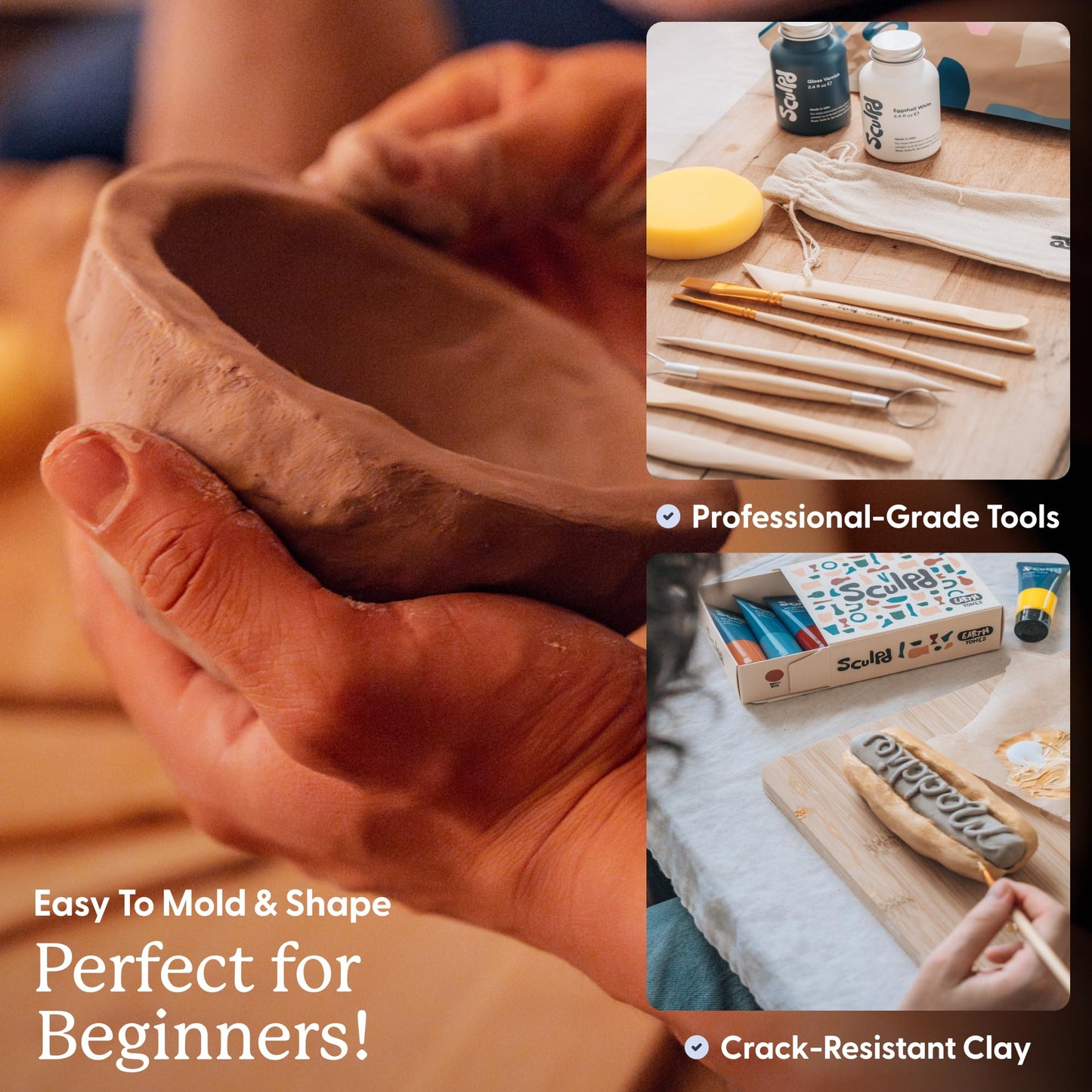 Sculpd - The Original Pottery Kit for Adults - Air Dry Clay for Adults, Tools, Varnish, Brushes, Mother's Day Activities, Arts & Crafts Set, Matte Varnish