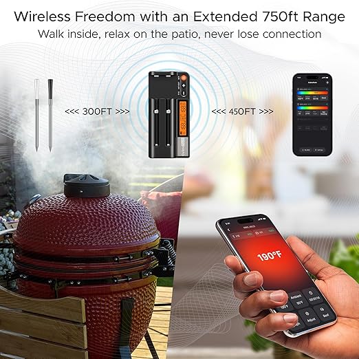 750ft Wireless Meat Thermometer Long Range for Smoker, BBQ & Rotisserie, 2 Probes Smart Bluetooth Thermometer Dual Sensor Waterproof Probe with LCD Base Station Display & App Control
