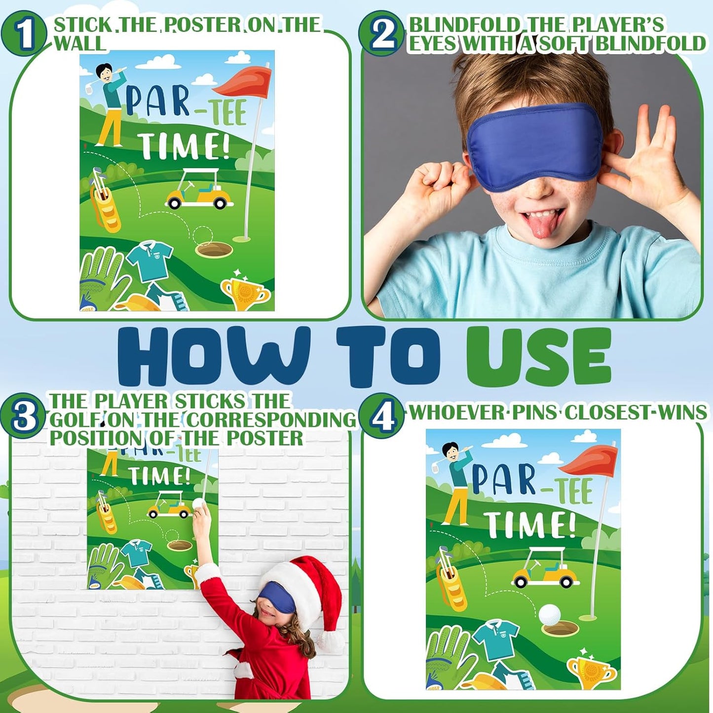 Cholemy 38 Pcs Golf Party favor Games Par Tee Time Pin the Golf Ball on the Hole Game Poster Stickers with Blindfolds for Boy Girl Women Birthday Party Supplies Decoration