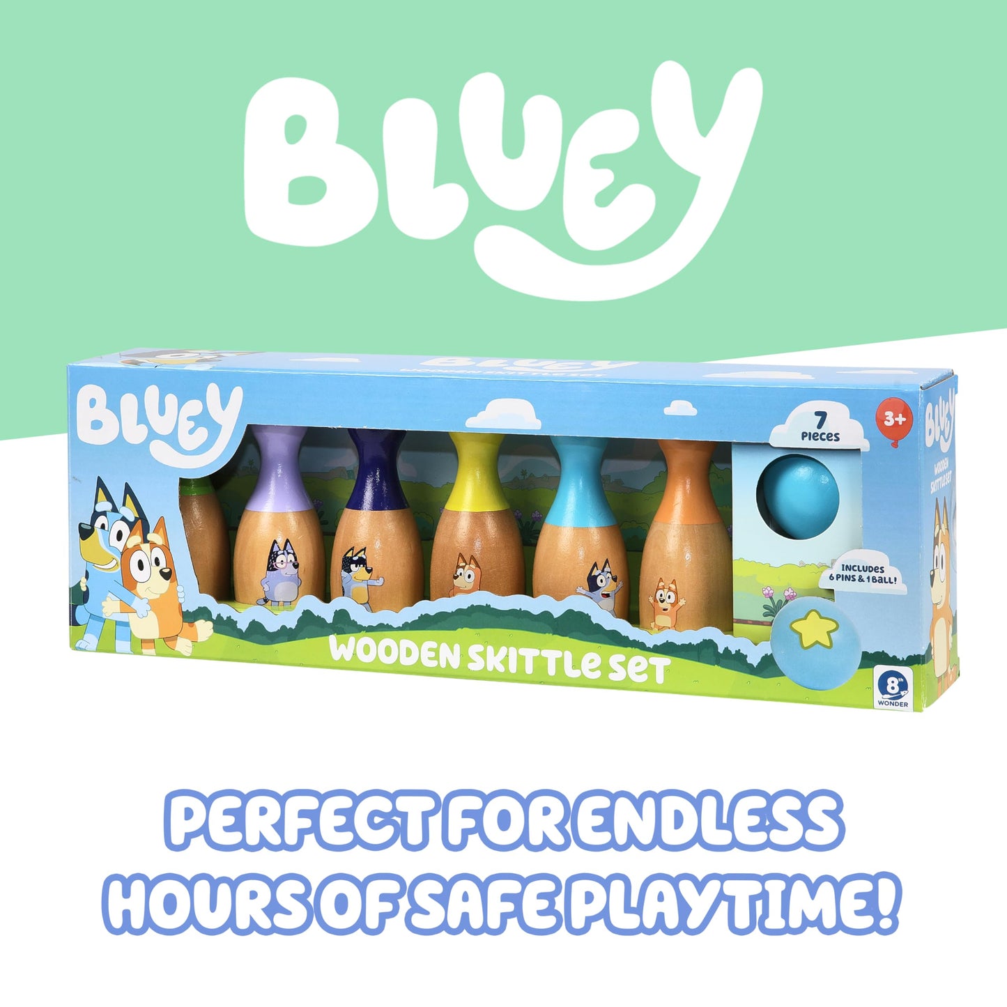 Bluey Wooden Bowling Set – Skittle Game with 6 Character Wooden Bowling Pins, Durable Toy for Kids Ages 3+, Indoor & Outdoor Play
