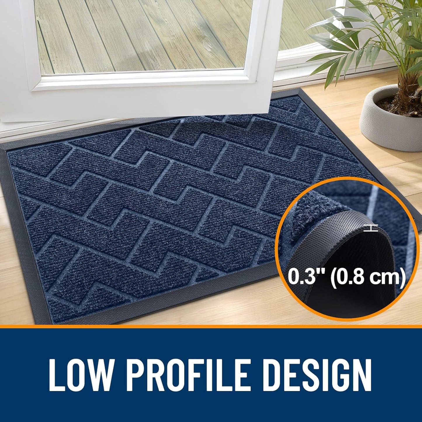 OLANLY Front Door Mat Indoor Outdoor Entrance, Waterproof All-Season, All-Weather Doormat, Sturdy Natural Rubber, Low Profile, Easy Clean Patio Porch Entryway Mat, Herringbone Brick (Blue, 47x17)