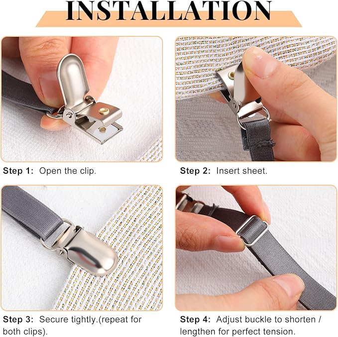 Boao 12 Pcs Bed Sheet Clips Straps Sheet Corner Straps Holder Adjustable Mattress Clips, Elastic Bed Grippers Suspender Fasteners Holder for Home (Grey,4-8 Inch Length)