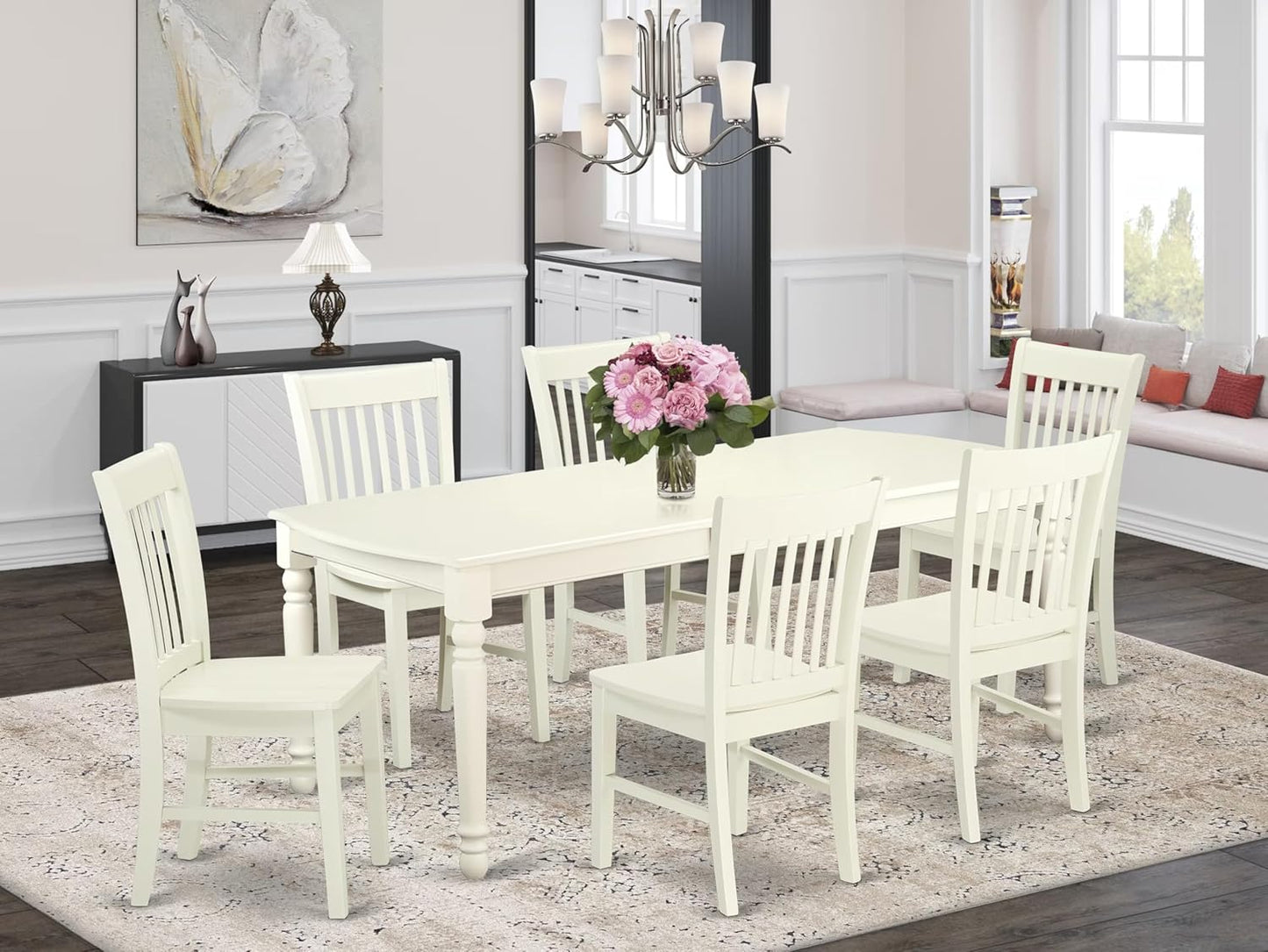 East West Furniture DONO7-LWH-W 7 Piece Dining Set Consist of a Rectangle Dining Room Table with Butterfly Leaf and 6 Wood Seat Chairs, 42x78 Inch, Linen White