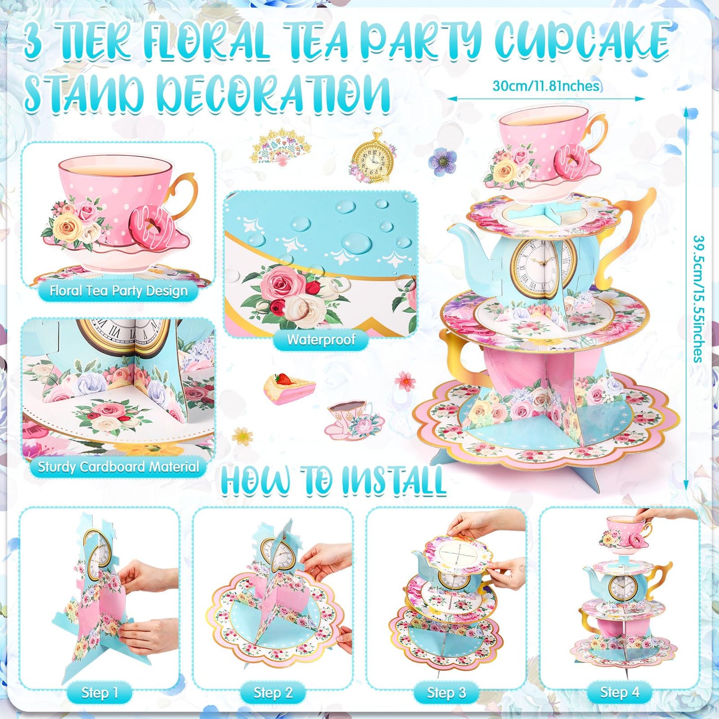 SiliFine 106 Pcs Tea Party Supplies for 12 Guests Include Plates Tea Cups Saucers Napkins Cupcake Stand Tablecloth Banners Floral Tea Party Tableware Set for Girls Birthday Baby Shower Party Favors