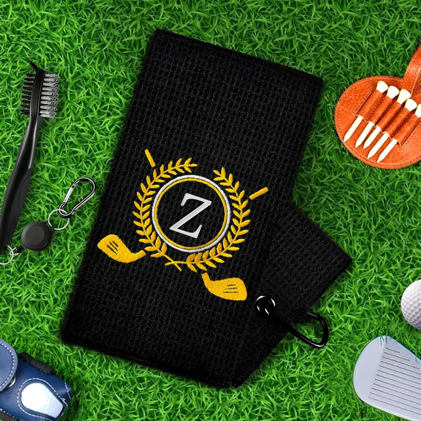 Personalized Golf Towels for Golf Bags - Microfiber Monogrammed Golf Towels for Men/Women, Retractable Brush Tool Kit with Club Groove Cleaner, Custom Golf Accessories for Golfers (Initial Z)
