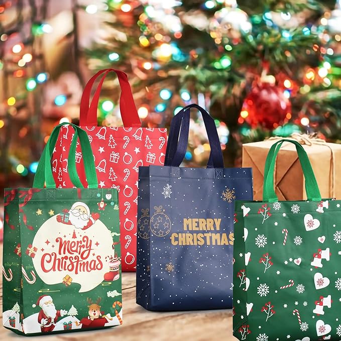 4 PACK Christmas Gift Tote Treat Bags with Handles, Multifunctional Non-Woven Christmas Bags for Gifts Wrapping Shopping, Xmas Party Supplies, 12.2"×9.8"×4.53"