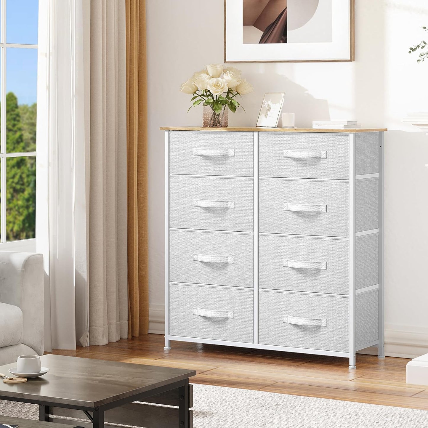 DWVO Fabric Dresser for Bedroom, Tall Dresser with 8 Drawers, Storage Tower with Fabric Bins, Chest of Drawers for Closet & Living Room - Sturdy Steel Frame, Wooden Top