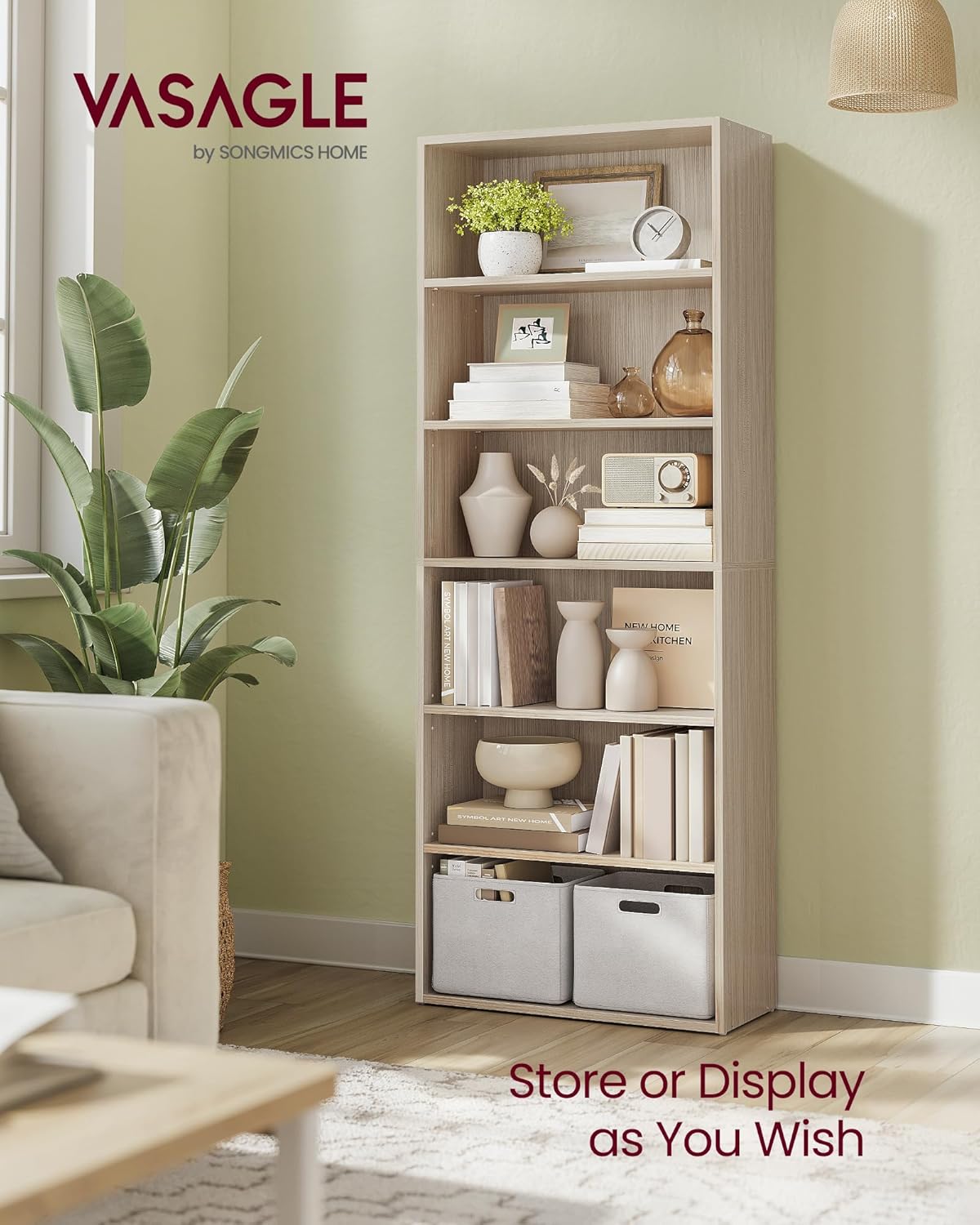 VASAGLE Custos Collection - Bookshelf, 6-Tier Bookcase, Book Shelf, Open Storage Shelf, 9.4 x 23.6 x 63.3 Inches, for Living Room, Home Office, Dinning Room, Natural Beige ULBC166L01