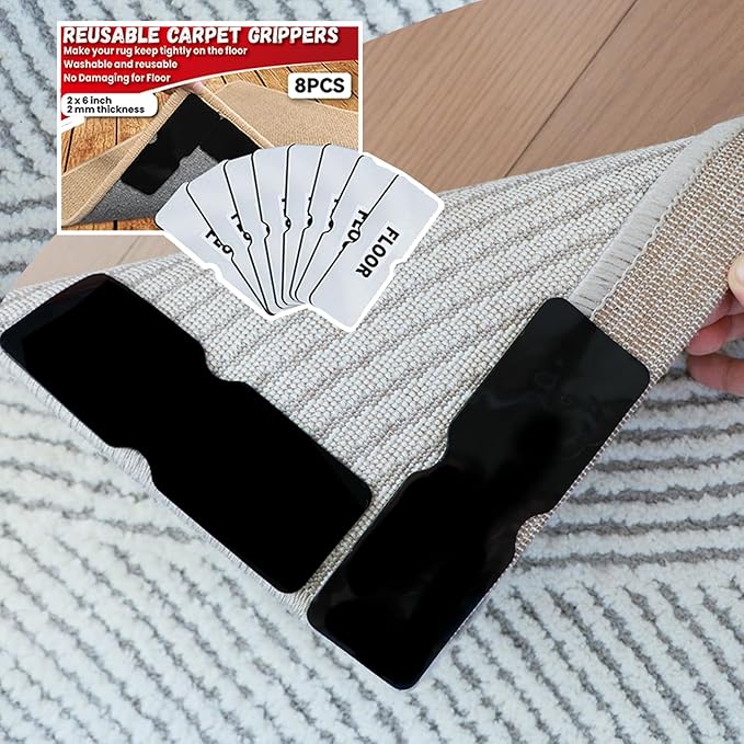 Reusable Carpet Grippers,Non Slip Rug Pads Grippers for Hardwood Floors and Tiles, Washable,Strong Adhesive Grippers for Area Rugs, Keep Corners Flat, Non-Damaging for Floor Shining Night Black (8)