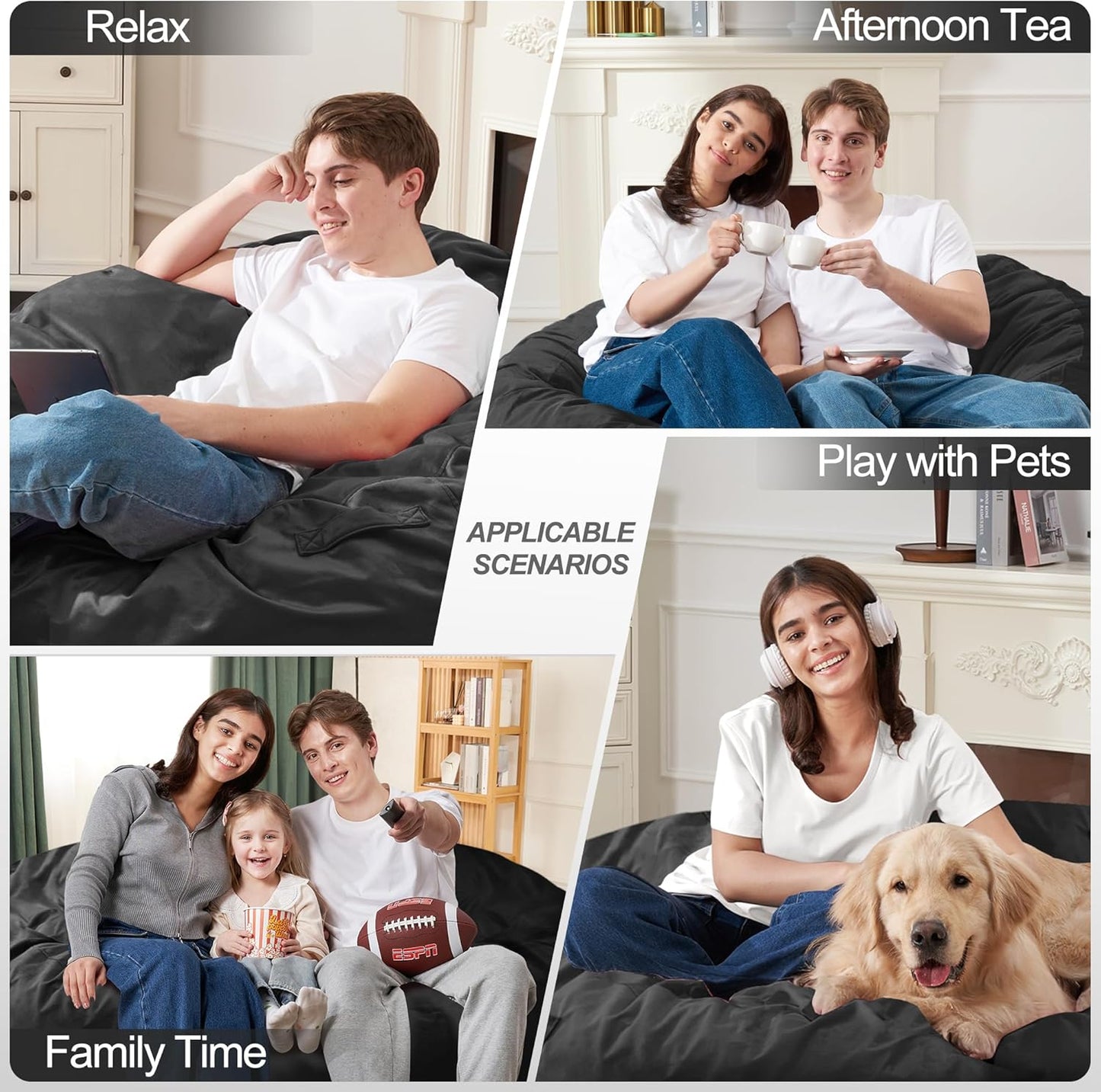 Homguava 5FT Bean Bag Chair Giant BeanBag with Memory Foam Filled, Comfy Bean Bag Chairs for Adults, Adult Bean Bag Chair with Dutch Velvet Cover for Living Room Bedroom-Black