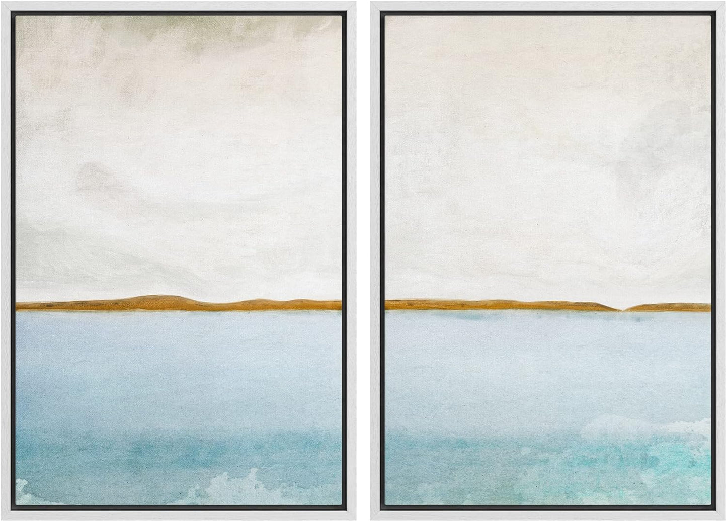 SIGNWIN Framed Canvas Print Wall Art Set Gold Blue Ocean Sea Beach Landscape Nature Wilderness Illustrations Modern Art Decorative Rustic Chic for Living Room, Bedroom, Office - 24"x36"x2 White
