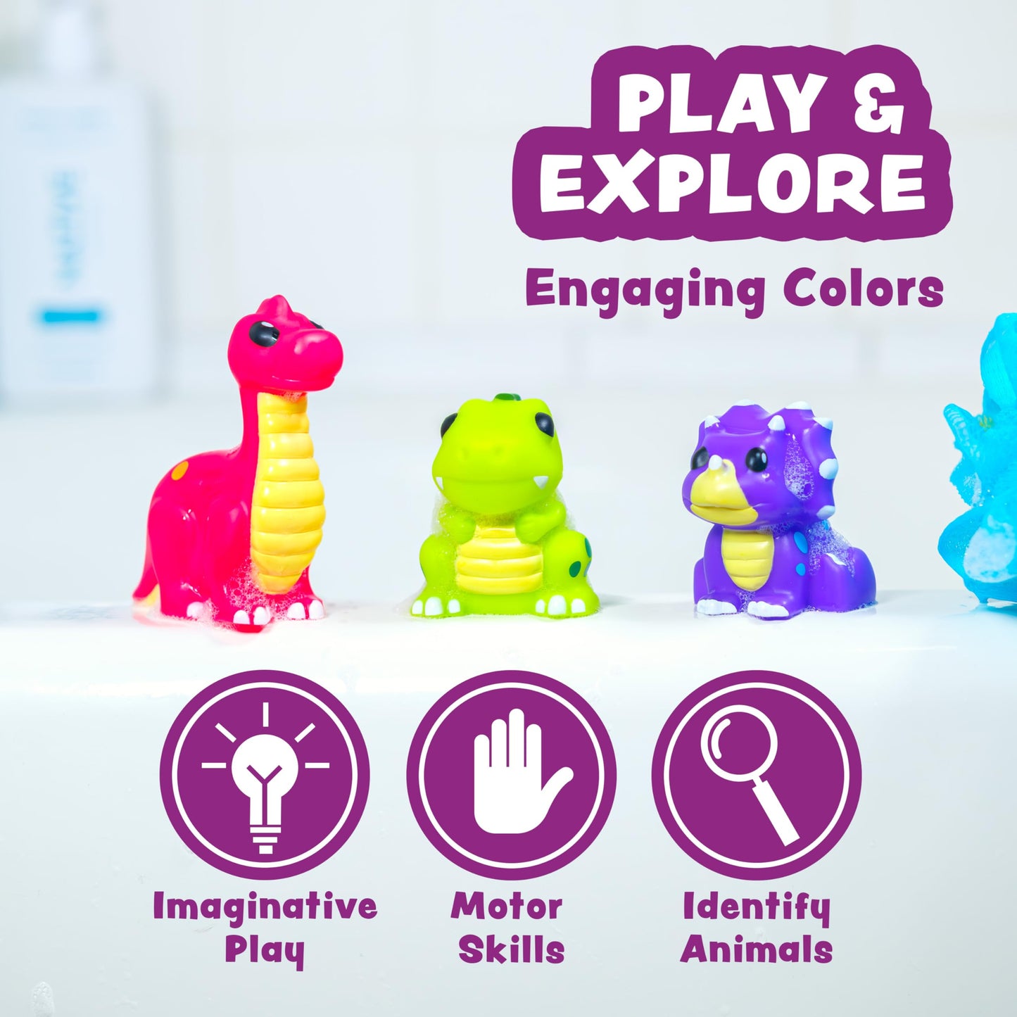 Tub Works® Dinosaur Mold Free Bath Toys, 6 Pack | Sealed, No Hole Bath Toys Design Keeps Moisture Out | Soft, Squeezable & Float on Water | Easy-Grip Baby & Toddler Bath Toy Set | Great Baby Pool Toys