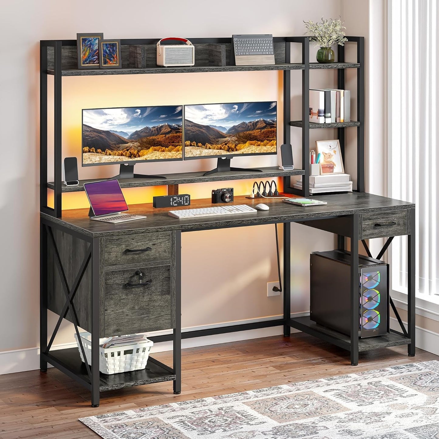 DWVO Computer Desk with Drawers & Hutch, 59.1" Office Desk with Power Outlets & LED Lights, Home Office Desk with Storage Shelves, Grey