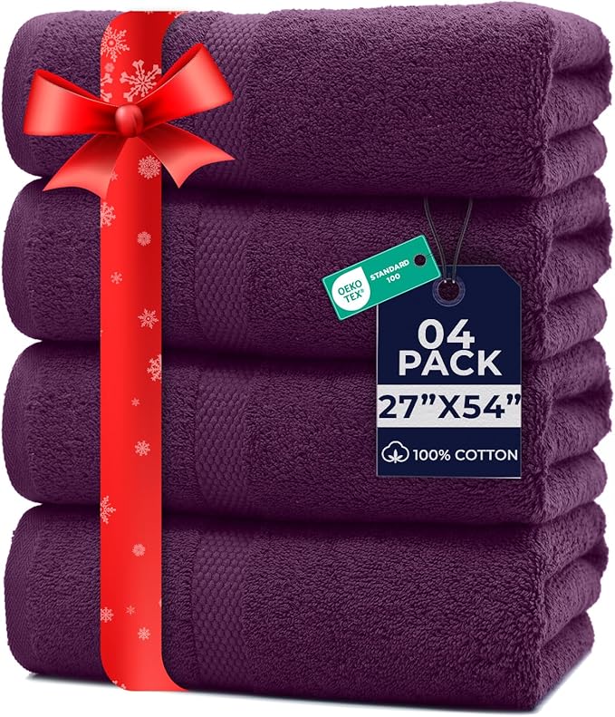 DAN RIVER Bath Towels Set of 4, 27 x 54 Inches, 100% Cotton, Larger & Lighter Weight, Quicker to Dry, Super Soft and Absorbent, Ideal Quick Dry Bath Towel for Daily Use, Purple