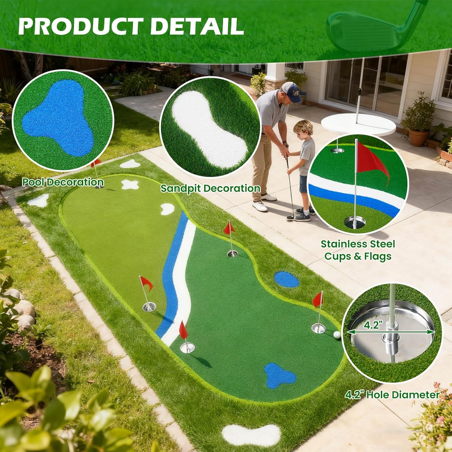 Golf Putting Green Mat - 5FT×12FT Putting Green Indoor, Professional Golf Putting Mat with Realistic Turf, Multi Holes & Flags for Outdoor Golf Practice