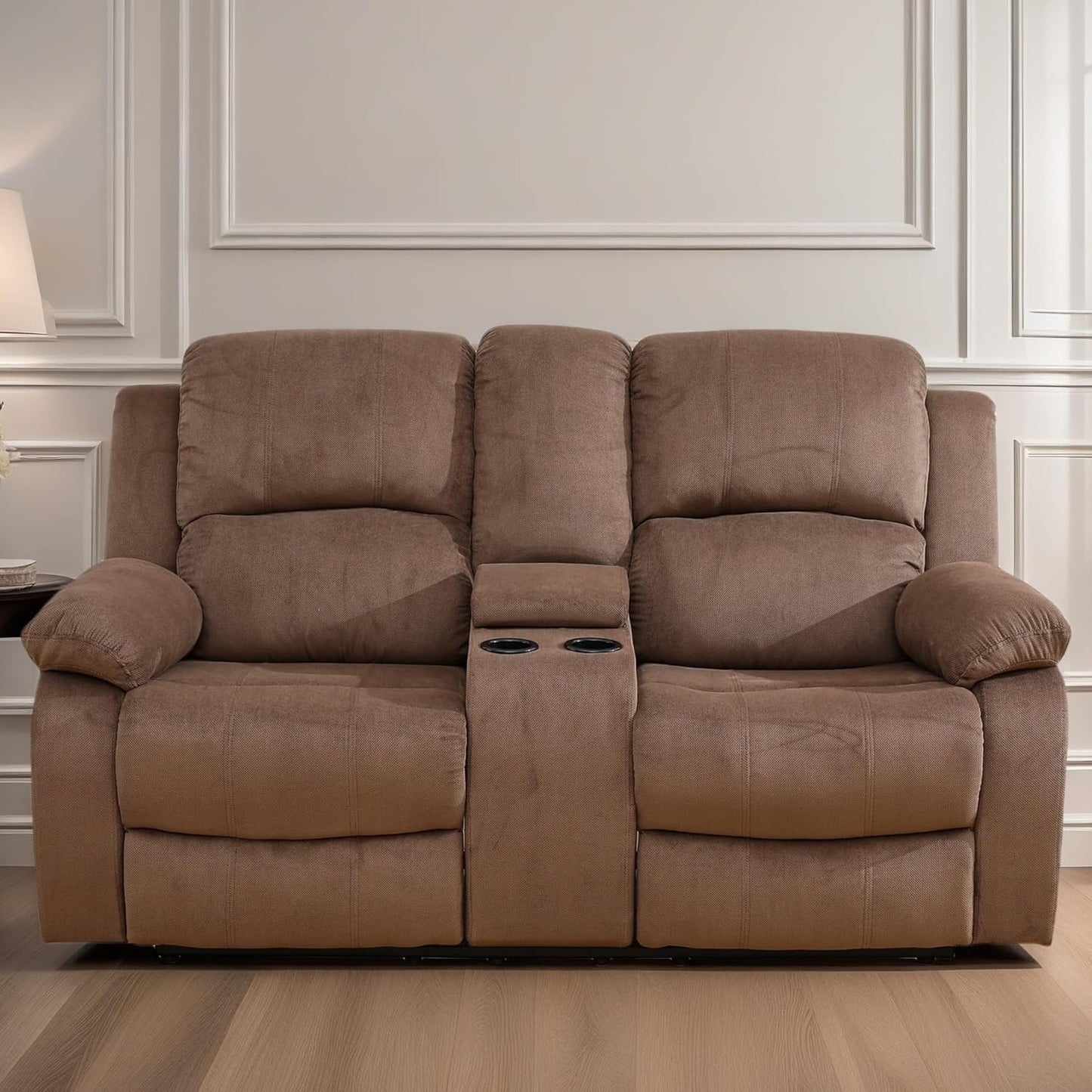 Loveseat Recliner Sofa, Reclining Loveseat Couch with Storage Console, Modern Comfy Home Theater Seating Power Recliner Chair with Cup Holders for Living Room Furniture Sets, Brown