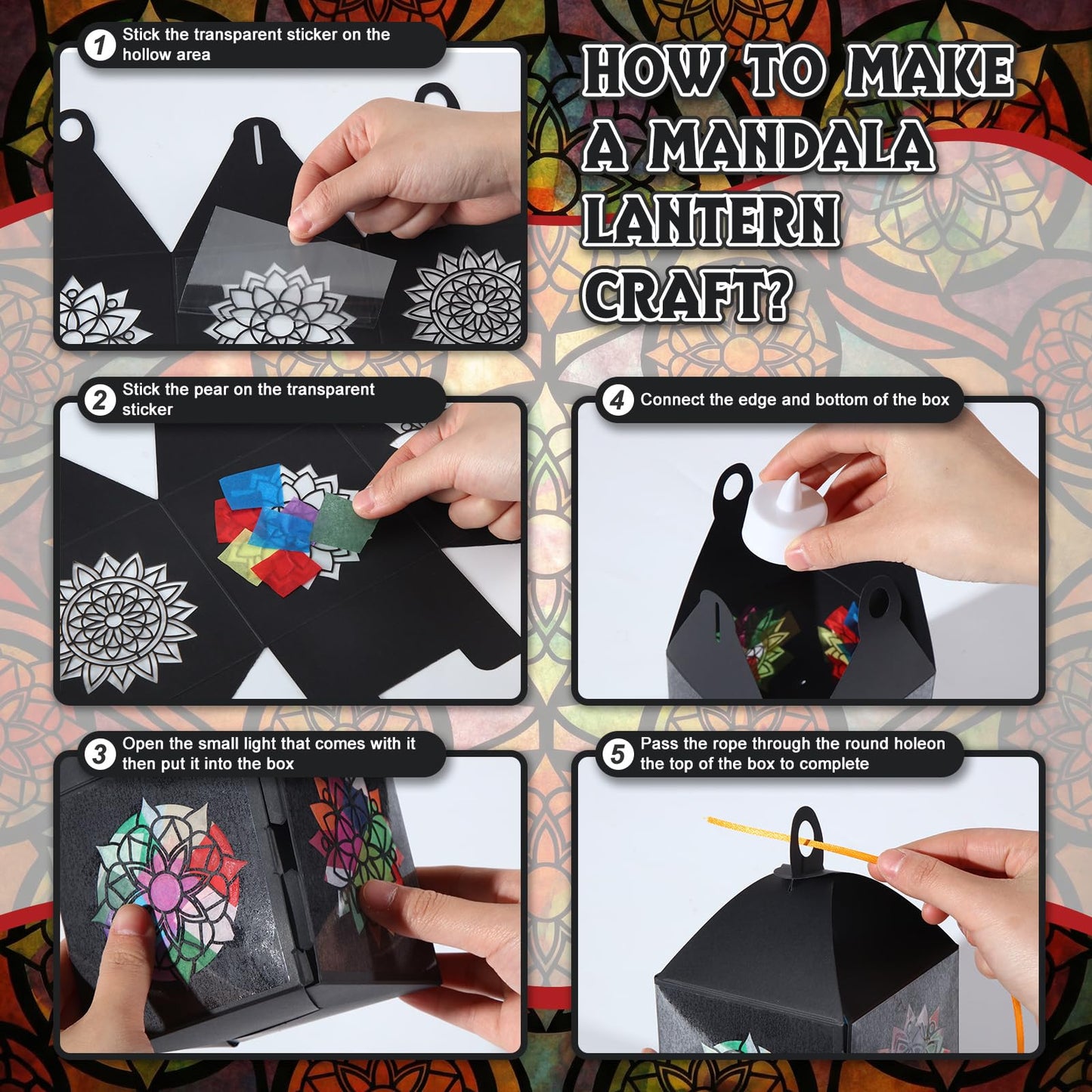 Simgoing 24 Sets Mandala Crafts with LED Candle Light Mandala Flower Tissue Paper Crafts Kits DIY Your Own Suncatchers Lanterns Hanging for Home Birthday Party Decoration Gifts Art Activities