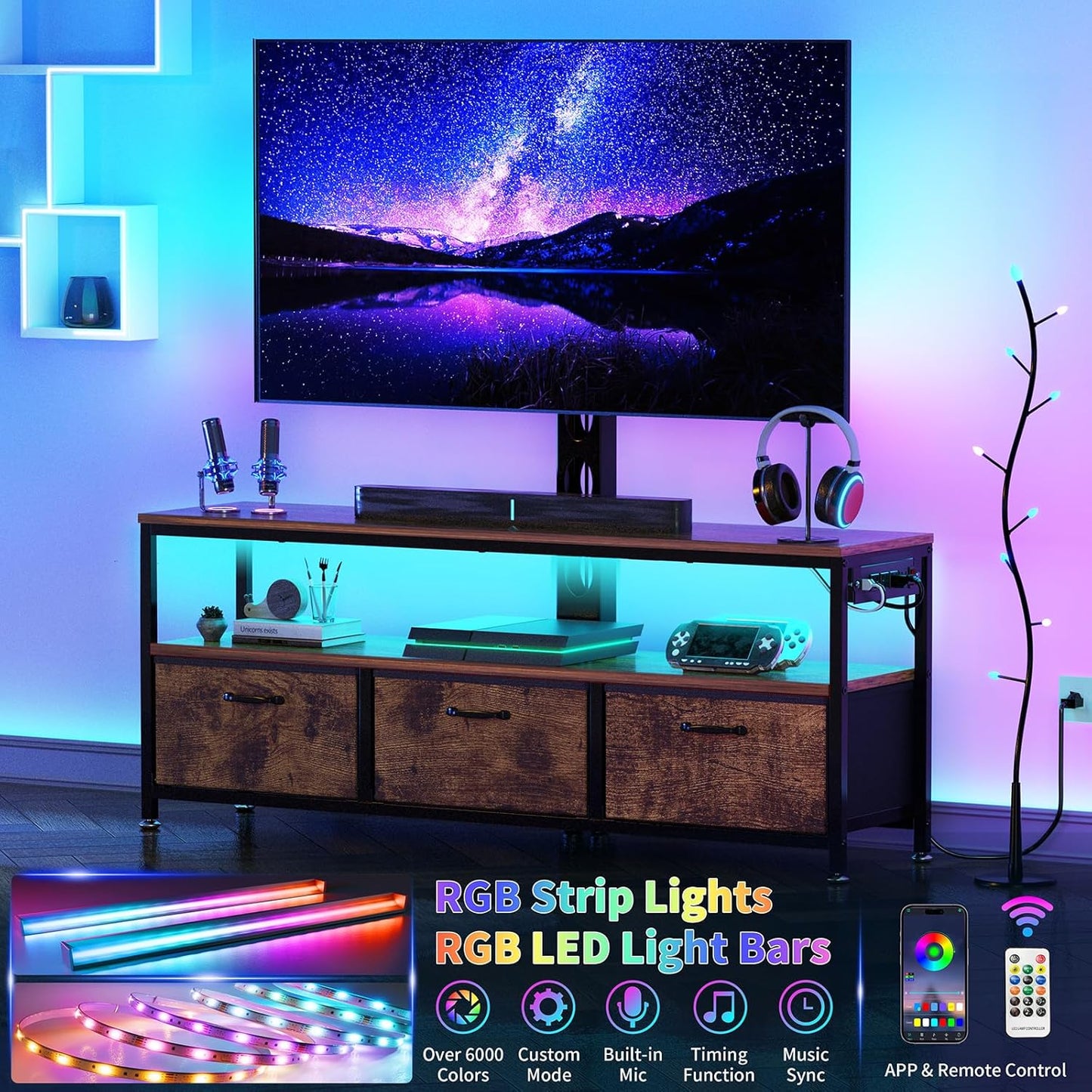 JUSTOGO TV Stand with Mount and Power Outlet, TV Stand with Drawers Storage for Living Room Bedroom, LED Entertainment Center for 45/55/60/65 inch, Height Adjustable Media Console, Rustic
