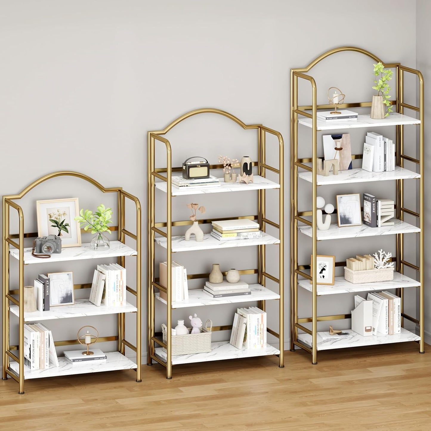 No-Assembly Gold Folding Bookshelf Storage Shelves 5 Tiers Vintage Multifunctional Plant Flower Stand Storage Rack Shelves Bookcase for Home Office