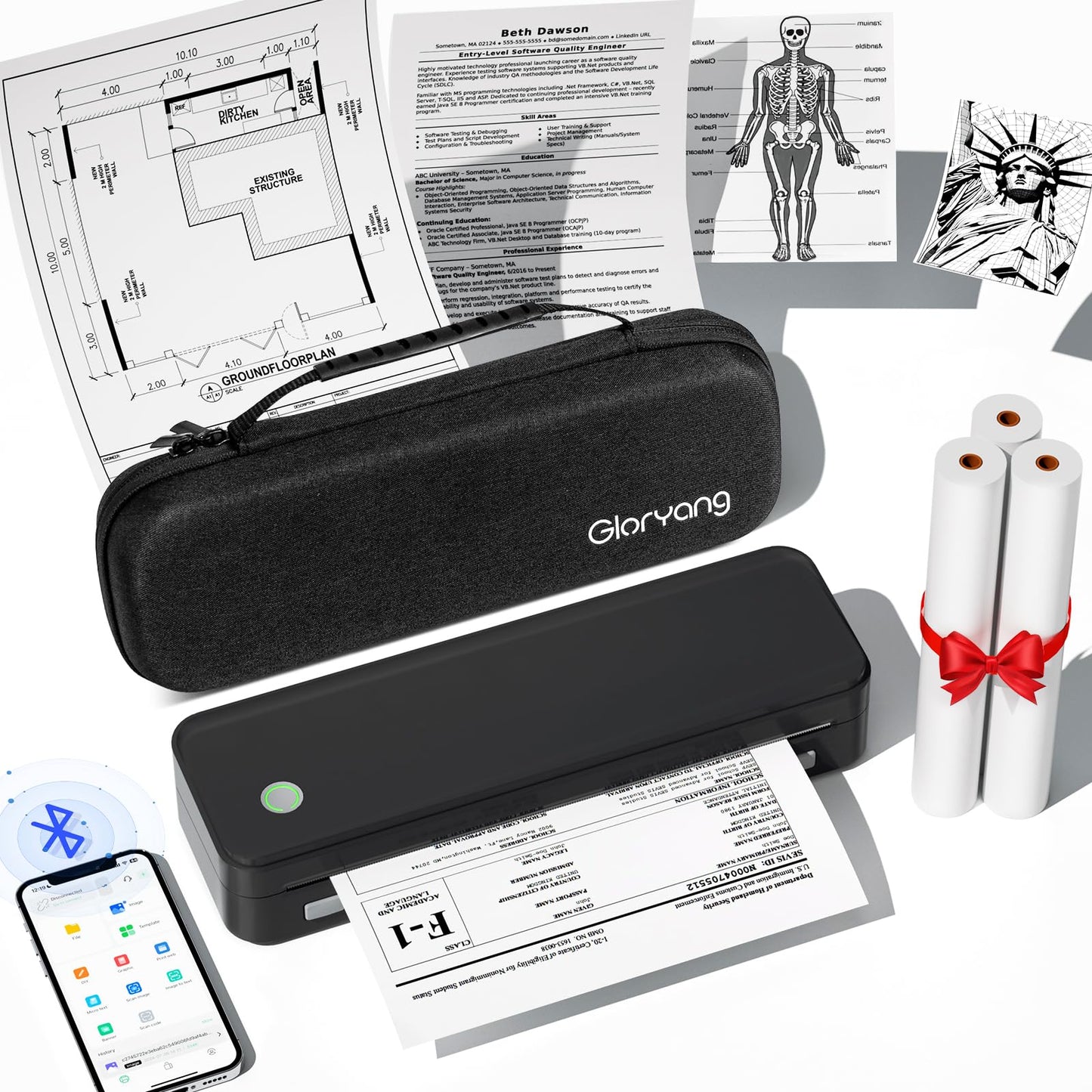 Gloryang Inkless Portable Printer for Travel, Wireless Thermal Printer Supports 8.5 x 11 Inch Thermal Paper, Bluetooth Machine I