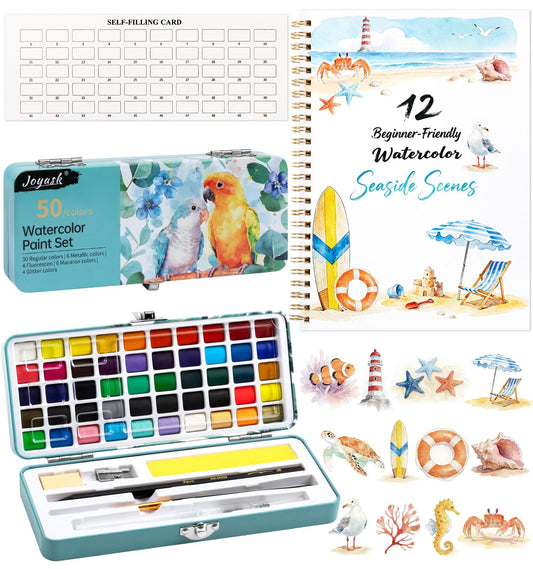 Watercolor Workbook Seaside, Water Coloring Book, 12 Different Patterns of Original DIY Designs, 50 Colors Watercolor Paint Set with Palette and Brush, Beginner-Friendly Watercolor Workbooks (Seaside)