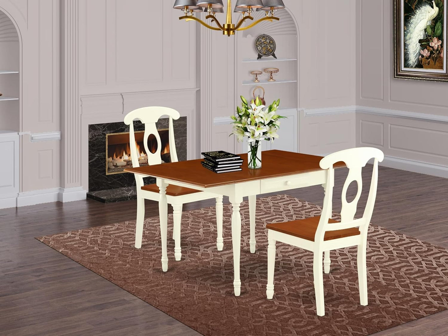 East West Furniture MZKE3-WHI-W 3 Piece Dining Table Set for Small Spaces Contains a Rectangle Dining Room Table with Dropleaf and 2 Wood Seat Chairs, 36x54 Inch, Buttermilk & Cherry