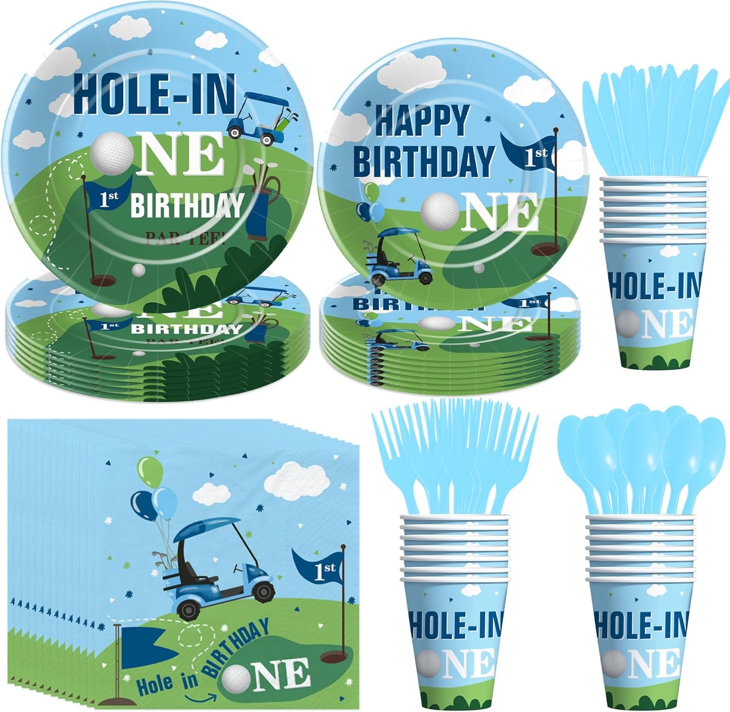Xigejob Golf First Birthday Plates And Napkins Party Supplies - Golf Hole In One Birthday Decorations Tableware, Paper Plate, Cup, Napkin, Cutlery, Kids 1st Table Decorations | Serve 24
