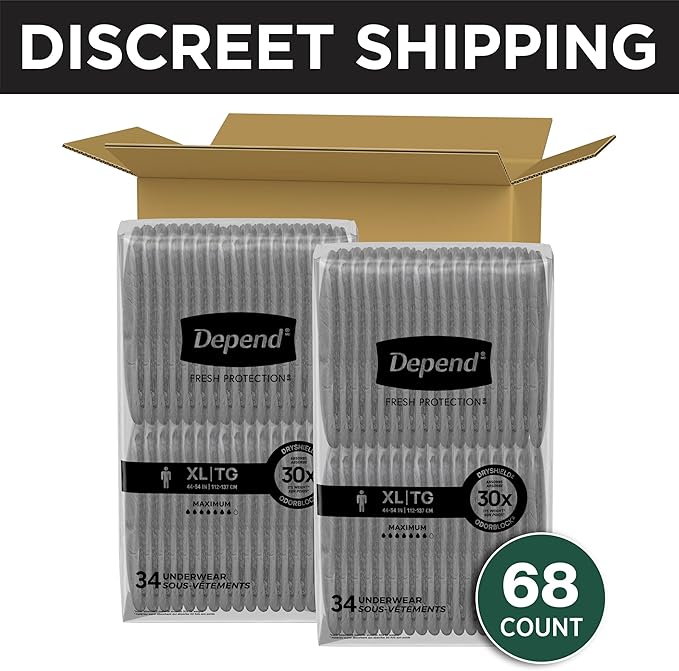 Depend Fresh Protection Adult Diapers, Incontinence Underwear for Men, Disposable, Maximum, Extra-Large, Grey, 68 Count (2 Packs of 34), Packaging May Vary