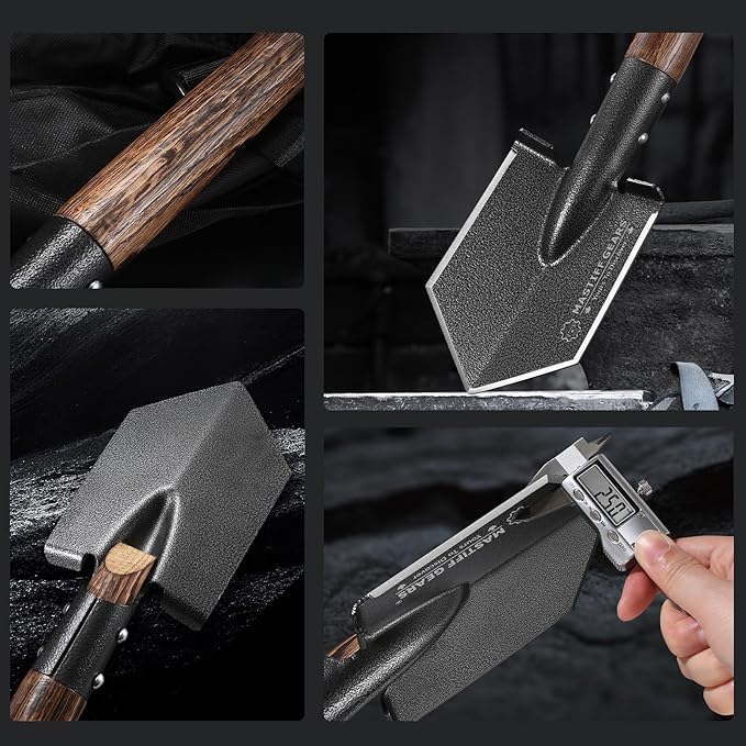 MASTIFF GEARS Tactical Survival Shovel - 48.5cm/19in, Axe/Machete Replacement, HRC 42-48 1050 Steel Spade, Hand-Carbonized Hardwood Handle & MOLLE Sheath for Camping Hiking Off-Roading Emergency
