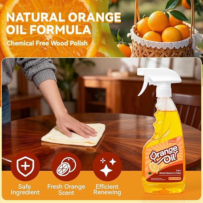 2-in-1 Wood Cleaner Furniture Polish - 2Pack Natural Orange Oil Spray Protect Wood Surface Safely, Enhanced Furniture Restorer Finish Cabinets, Tables, Antique, Floor, 32oz Total
