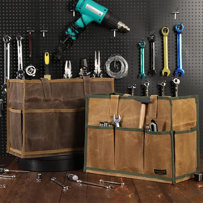 Heavy-Duty 16oz Waxed Canvas Tool Tote Bag - Water-Resistant Wide Mouth Organizer with Reinforced Handle | Large Capacity Tool Storage for Wrenches (16.5" x 12.5" x 6.5", Khaki)