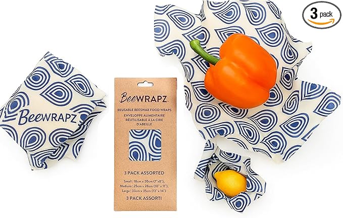 BeeWRAPZ Reusable Beeswax Wraps for Food | Eco Friendly & Organic | Eco-Friendly & Plastic-Free Food Storage | Biodegradable |Pack of 3 Beeswax Food Wraps for Wrapping Fruits & Vegetables (Blue)