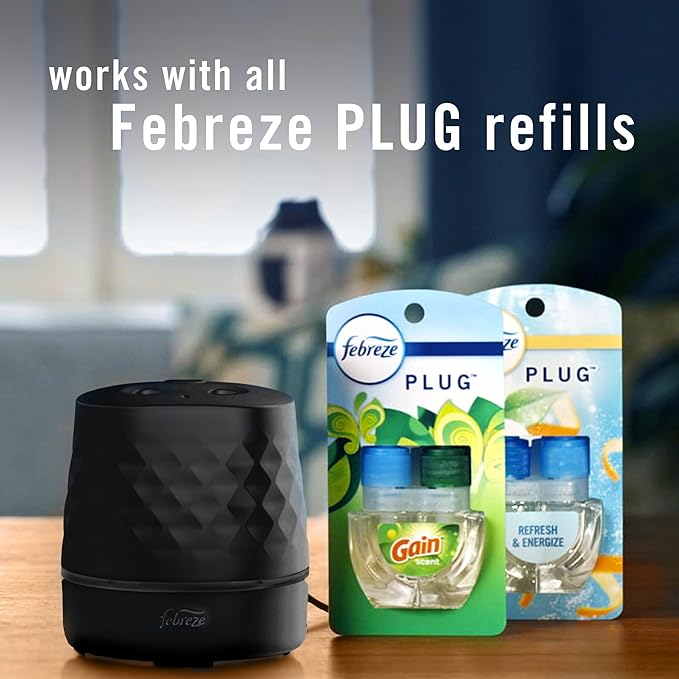Febreze Plug Scent Booster in Black, Continuous Scent Device Oil Diffuser, Compatible with Febreze Air Freshener Plug in Refills, Giftable for Holidays