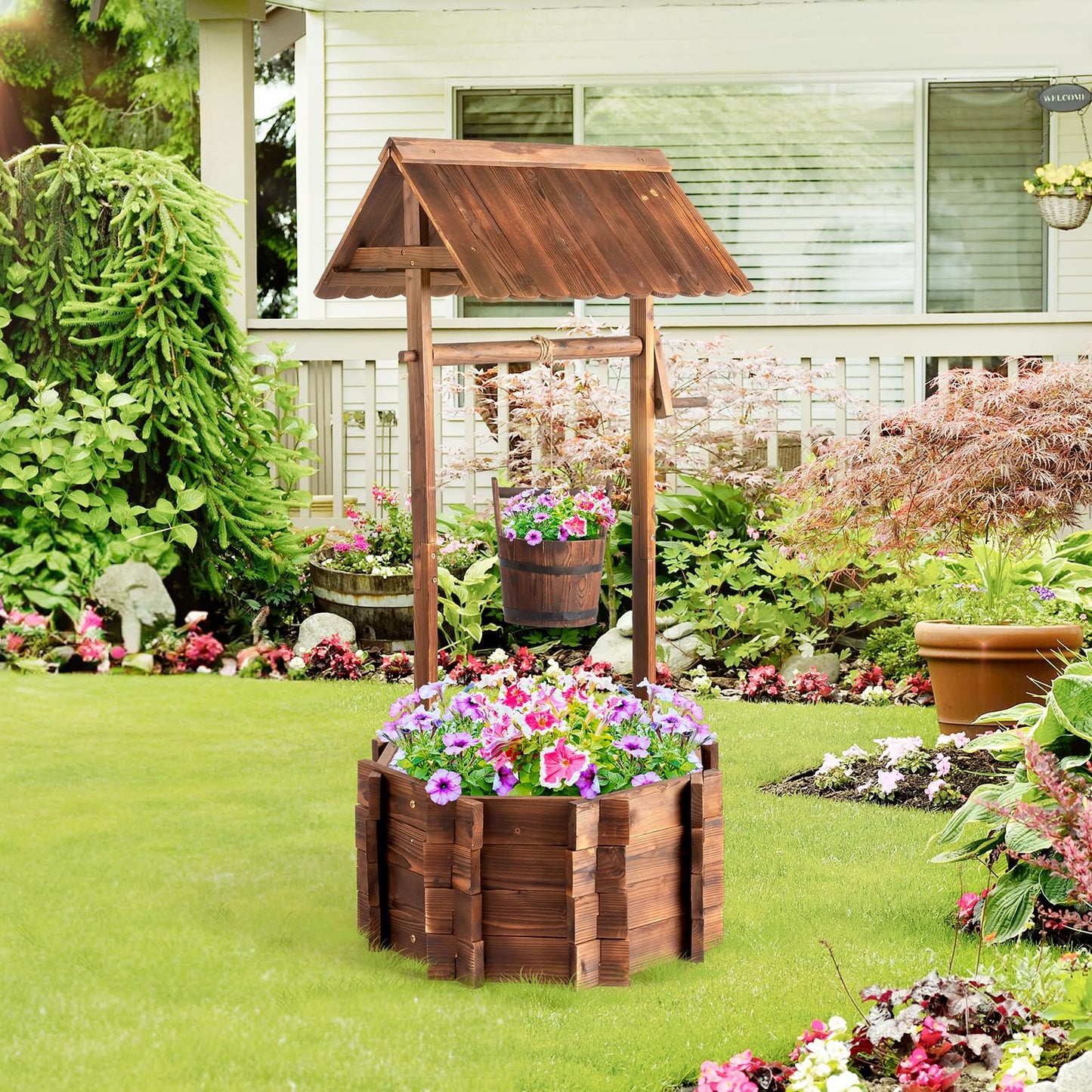 VINGLI Wooden Wishing Well Outdoor Planters, Well Covers for Yard with 2 Reinforced Rods, Height Adjustable Hanging Bucket, Rustic Flower Pot Home Decor for Outside Patio Garden