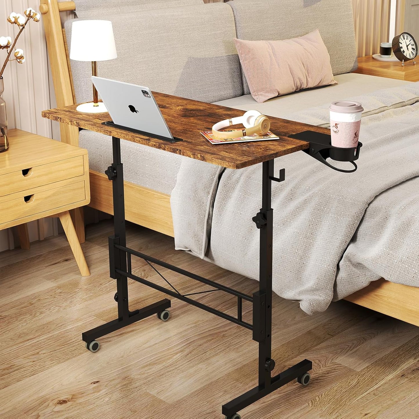 Hadulcet Small Standing Desk Adjustable Height, Rolling Desk for Standing or Sitting, Portable Computer Desk for Walking Pad, Rustic Brown