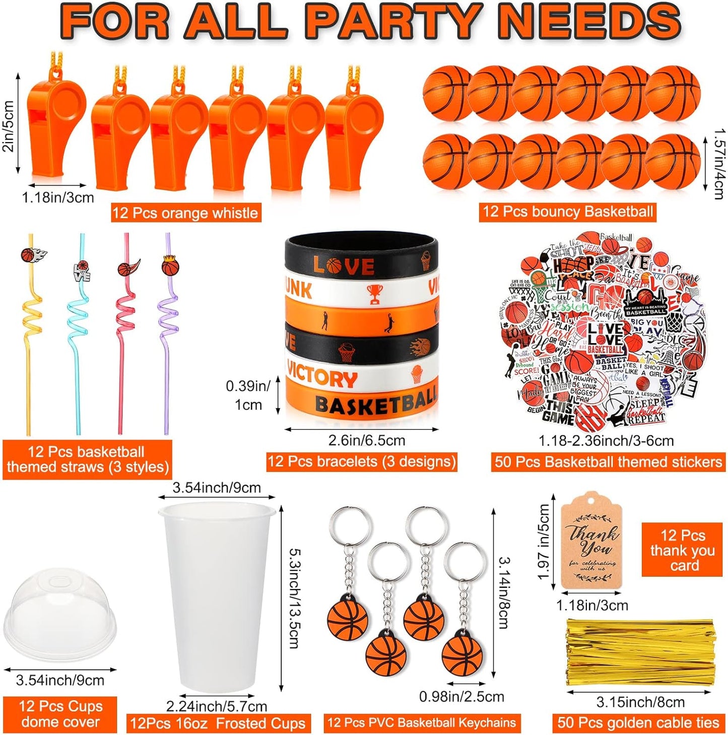 Weysat 184 Pcs Basketball Party Favors Party Supplies with Cup Straw Stress Ball Keychain Sticker Bracelet Whistle Thank You Tags for Birthday Decorations(Basketball)