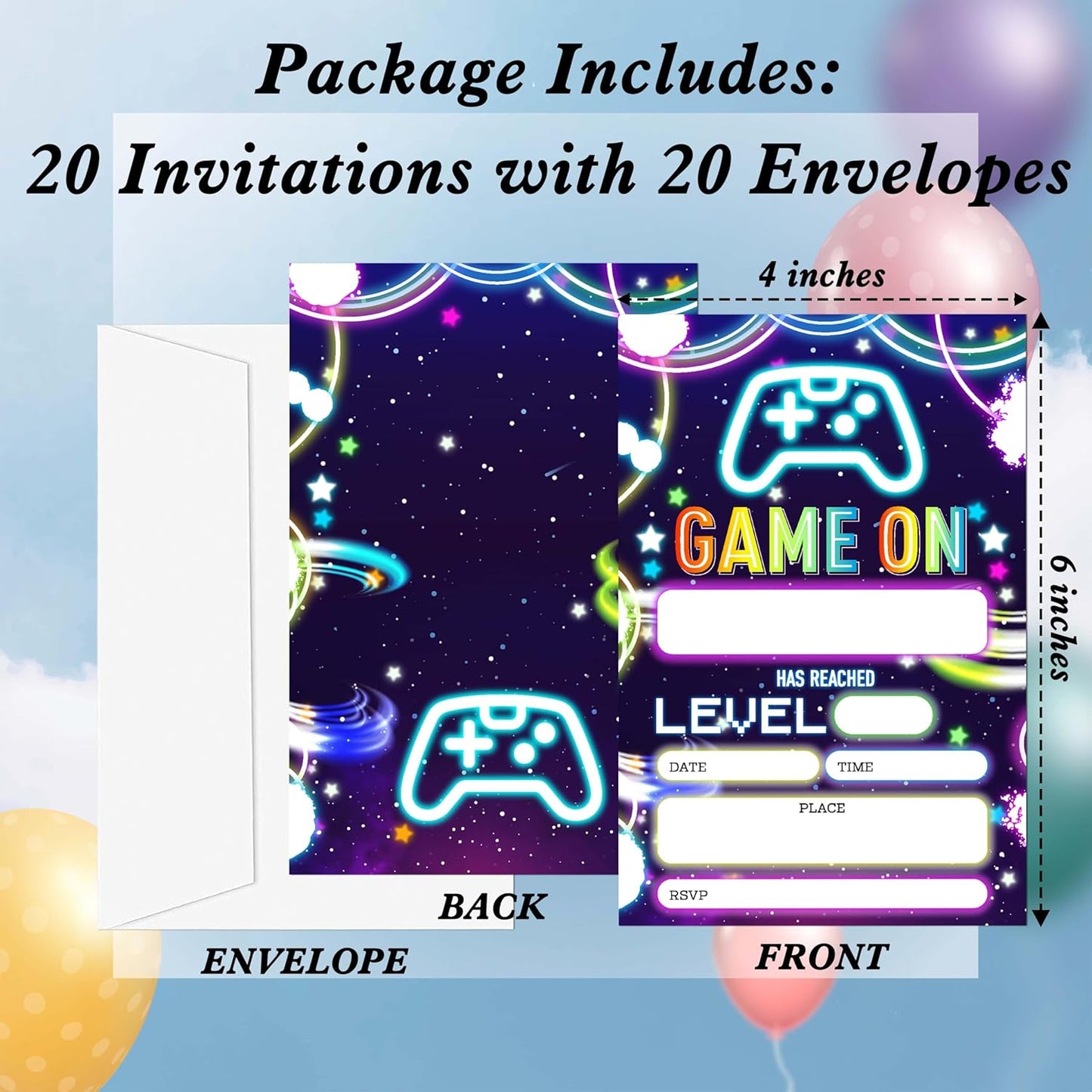 Video Game Birthday Invitations for Boys, 20 Invitation Cards with Envelopes, Neon Gaming Party Invites for Party Decorations Favor Supplies - A29