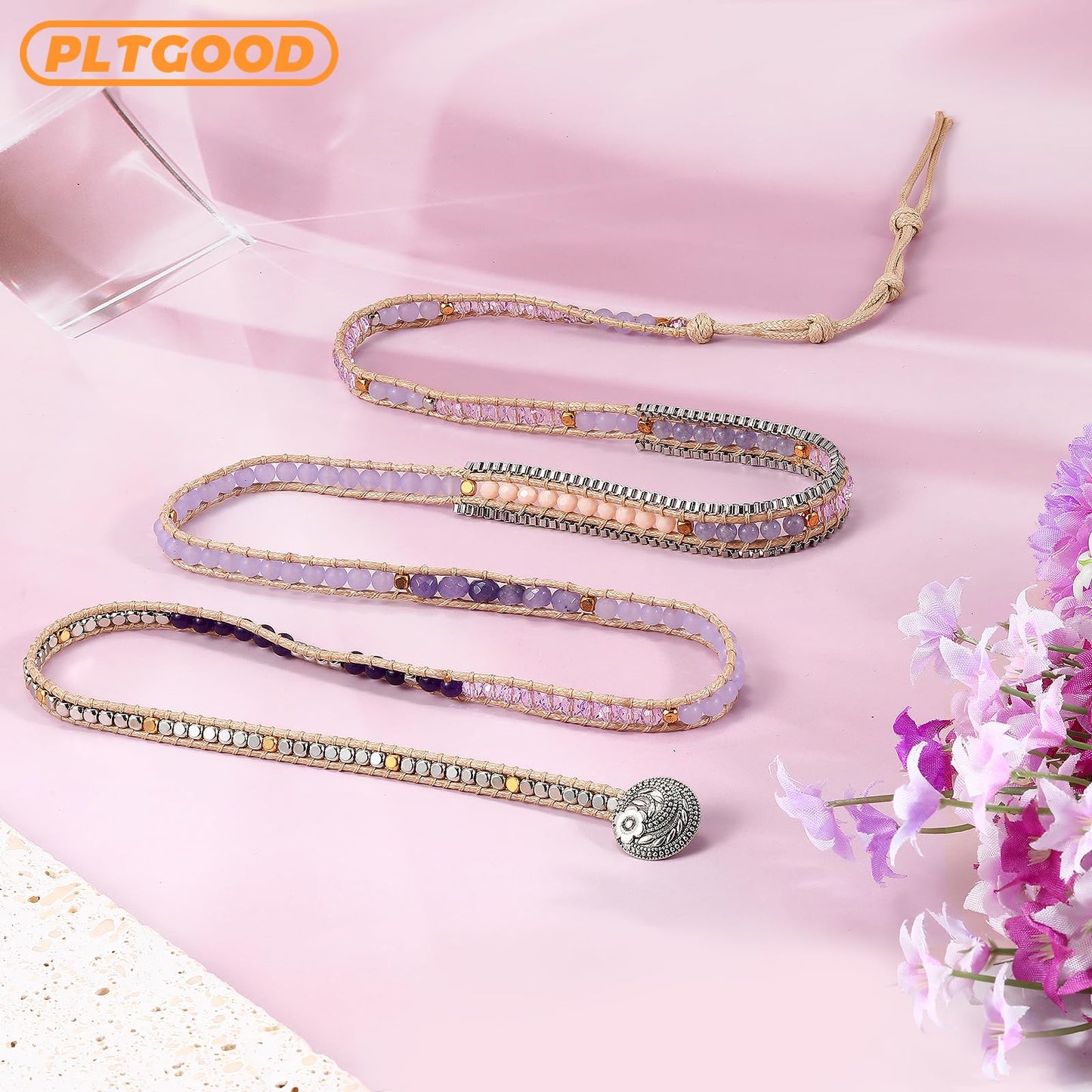 PLTGOOD Beaded Bracelets for Women Handmade Adjustable Boho Bracelets For Women Purple Natural Stone Bracelet 5 Wrap Bracelets Rope Yoga Healing Bracelet Jewelry