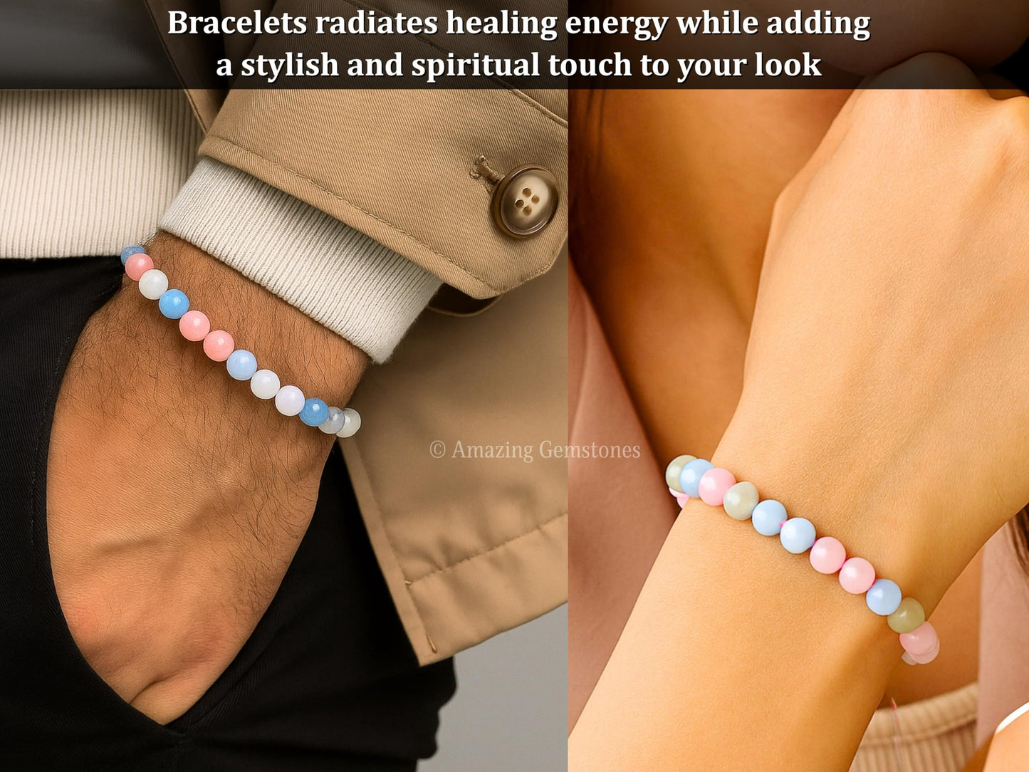 Amazing Gemstone Natural Morganite Bracelet for Women Men's Gifts - Protection Healing Crystal Bracelet - 8mm Gemstone Beaded Adjustable Bracelet Pulseras Para Hombres Mujer Stocking Stuffers