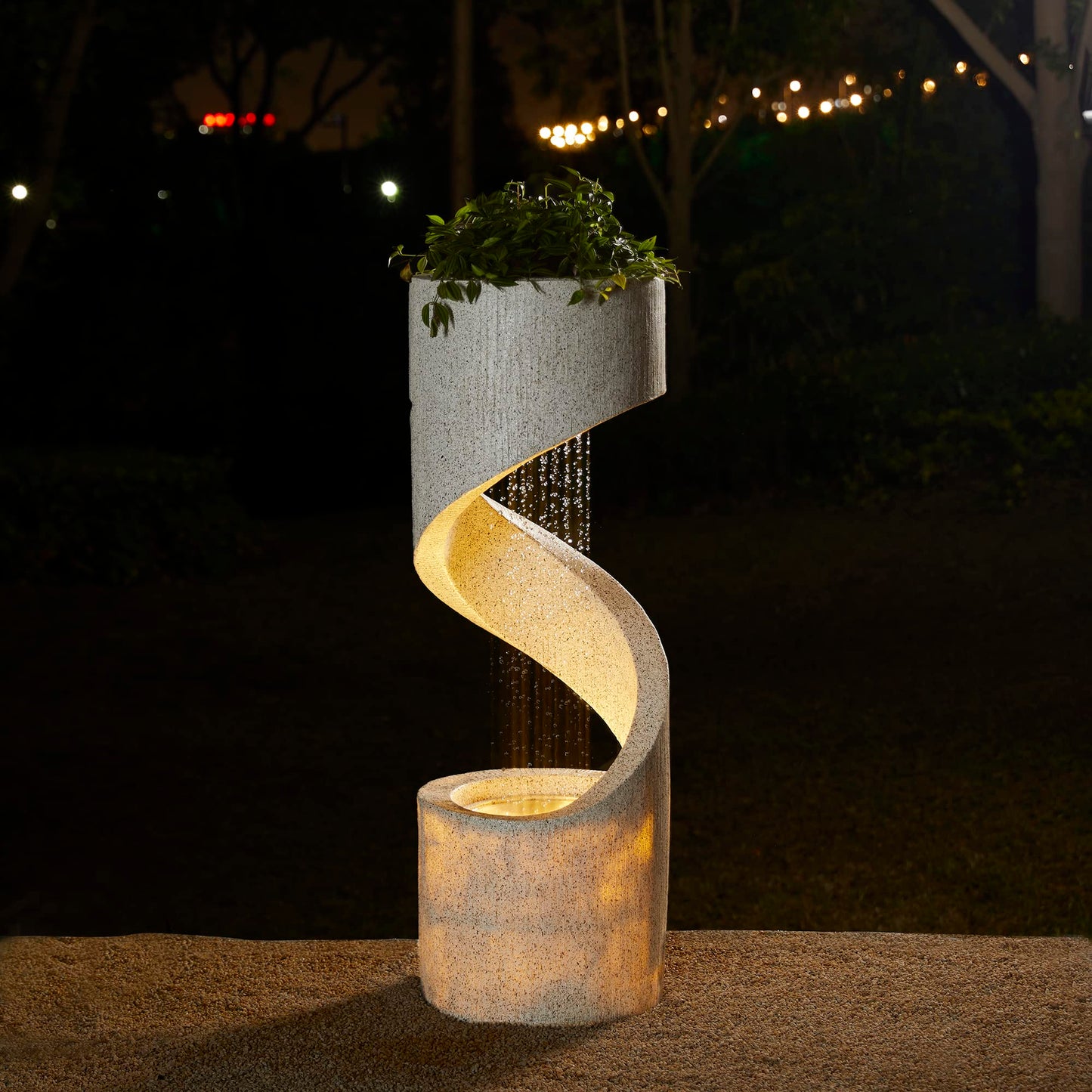 Glitzhome Outdoor Water Fountain with LED Light, Modren Curved Waterfall Fountain with Stone Planter, Faux Terrazzo Spiral Shaped Outdoor Fountains Water Feature for Garden Patio Deck Porch, 40.25”H