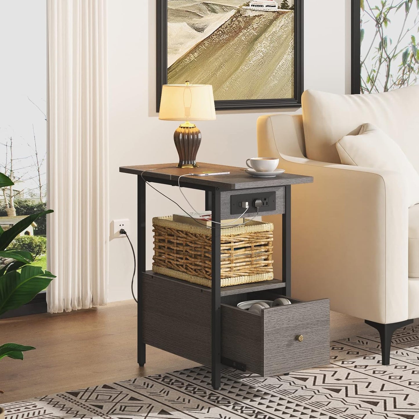 LIDYUK End Table with Charging Station, Narrow Side Table with Drawer and USB Ports & Power Outlets, Nightstand Bedside Tables for Small Spaces, Bedroom, Living Room, Dark Grey, Set of 2