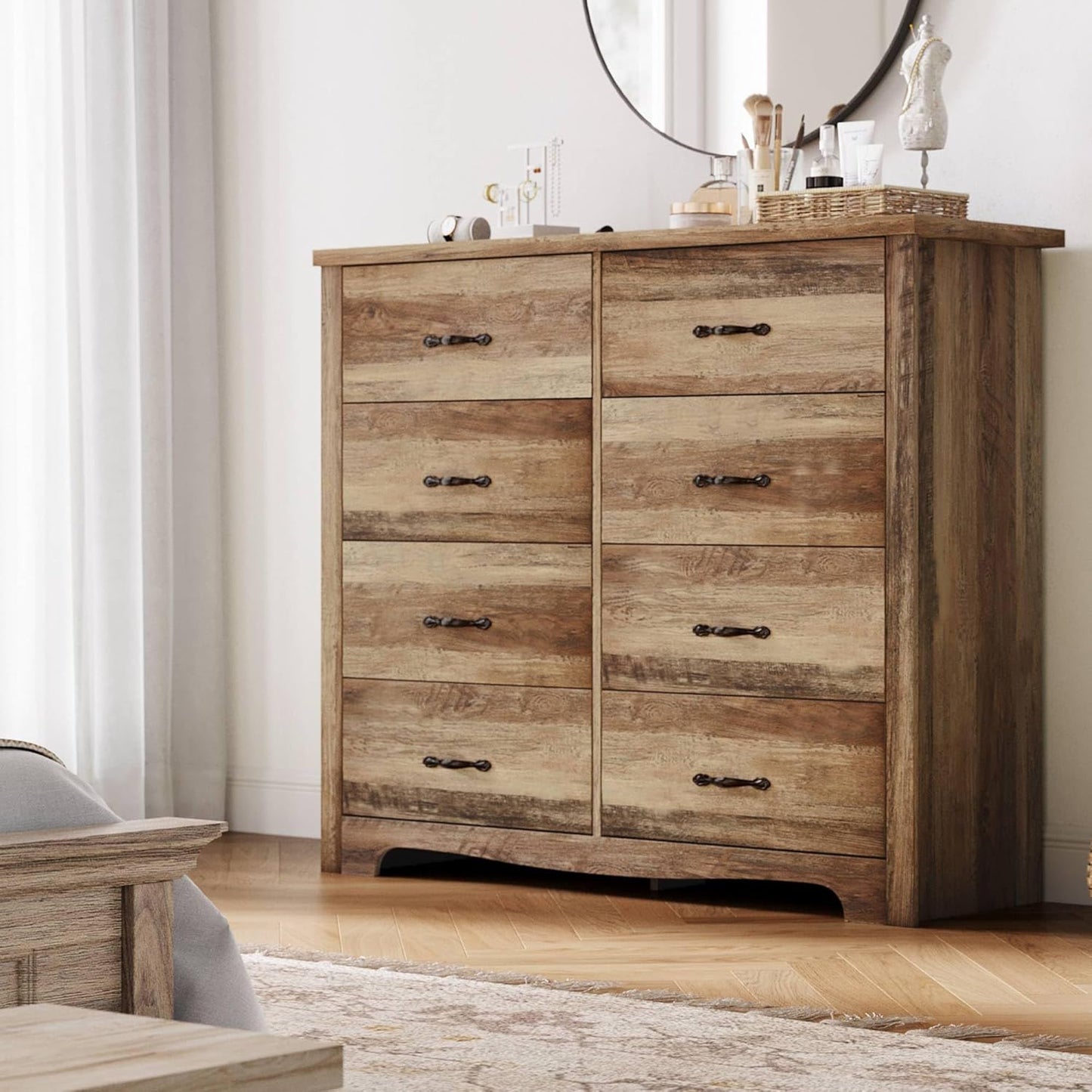 LINSY HOME 8 Drawers Dresser for Bedroom, 47" Wide Wood Dressers & Chests of Drawers, 40" Tall Modern Farmhouse Storage Dresser with Antique Handles for Closet, Living Room, Hallway, Rustic Brown